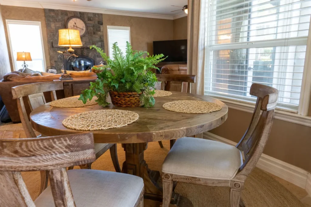 A four person circle table in a breakfast nook